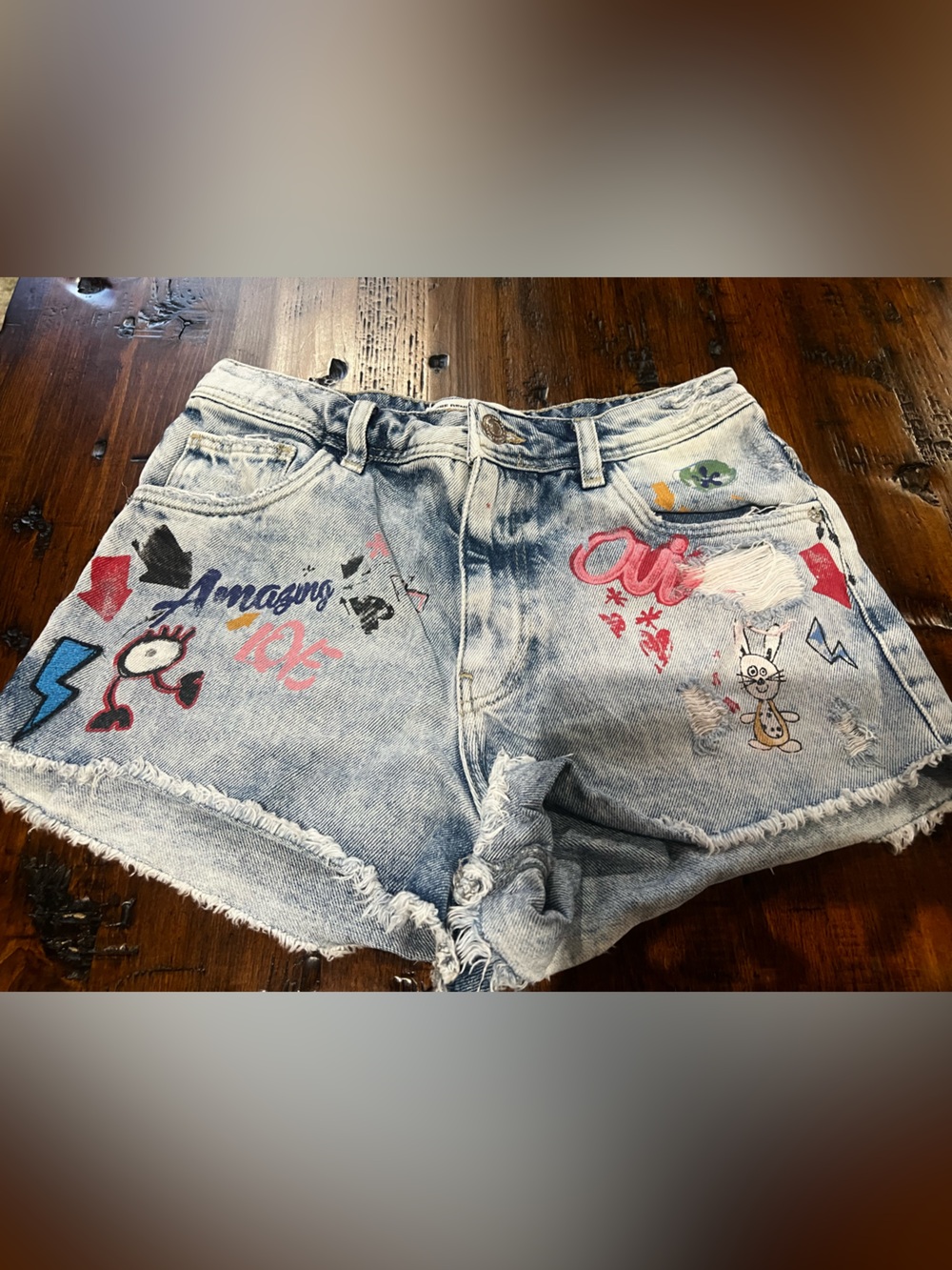 Zara Light Wash Denim Shorts with Multicolored Graphic Prints